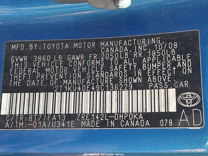 2009 Toyota Matrix VIN: 2T1KU40E49C136229 Lot: 44861228