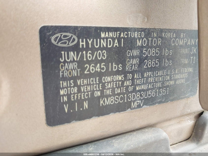 2003 Hyundai Santa Fe Gls/Lx VIN: KM8SC13D83U561351 Lot: 44861236