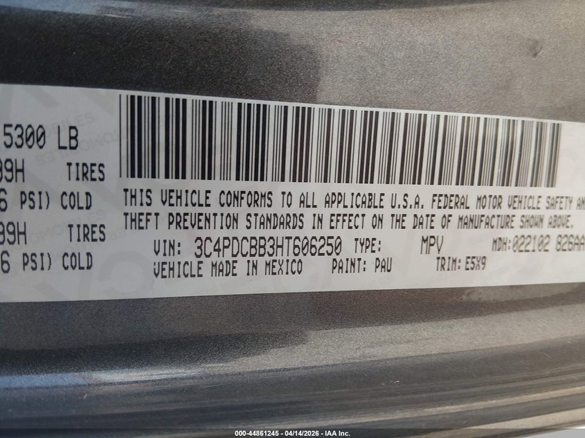 2017 Dodge Journey Sxt VIN: 3C4PDCBB3HT606250 Lot: 44861245