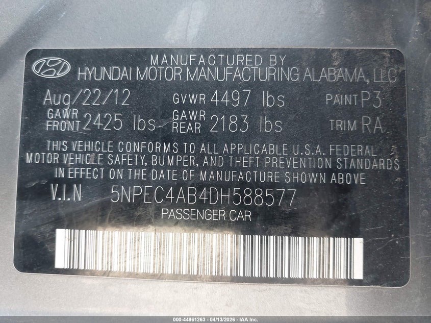 2013 Hyundai Sonata 2.0 Limited 2.0T grey Lot 111044861263 Vin 5NPEC4AB4DH588577