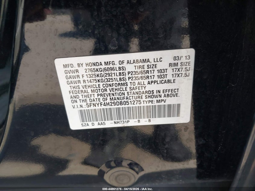 2013 Honda Pilot Lx VIN: 5FNYF4H29DB051275 Lot: 44861276