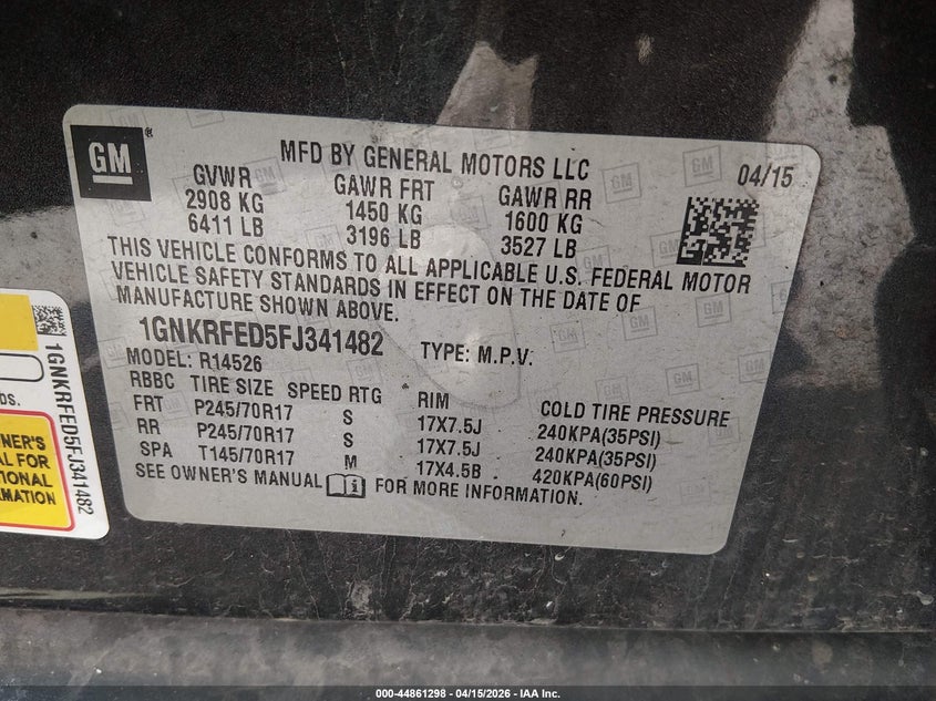 2015 Chevrolet Traverse Ls VIN: 1GNKRFED5FJ341482 Lot: 44861298