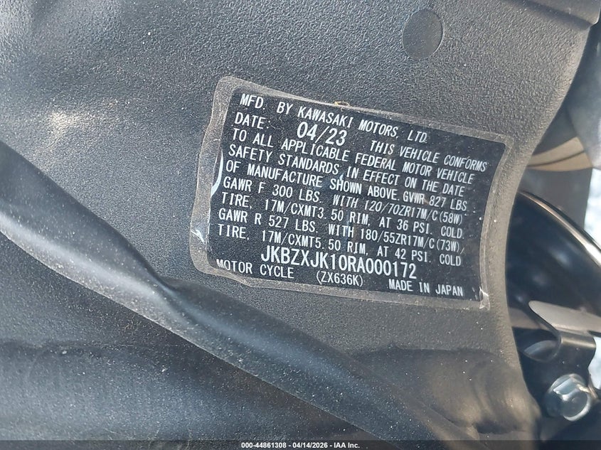 2024 Kawasaki Zx636 K VIN: JKBZXJK10RA000172 Lot: 44861308