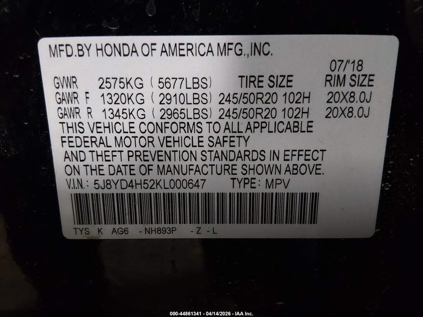 2019 Acura Mdx Tech Pkg VIN: 5J8YD4H52KL000647 Lot: 44861341