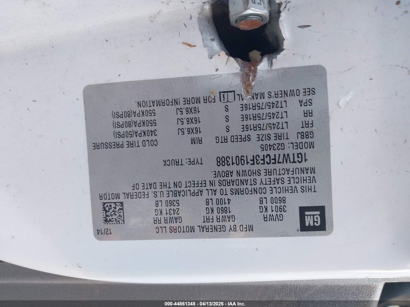 2015 GMC Savana 2500 Work Van VIN: 1GTW7FCF3F1901388 Lot: 44861348