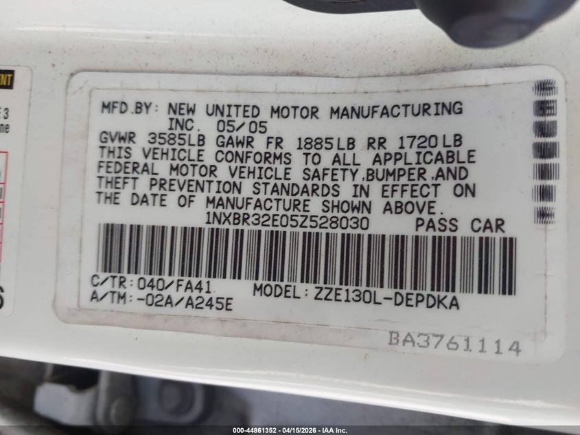 2005 Toyota Corolla Ce VIN: 1NXBR32E05Z528030 Lot: 44861352