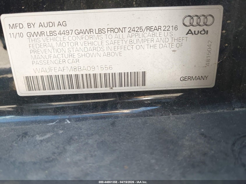 2011 Audi A3 2.0T Premium VIN: WAUFEAFM8BA091556 Lot: 44861358