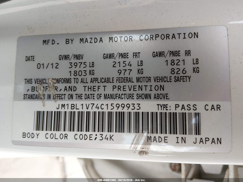 2012 Mazda 3 2.0 I Touring white Lot 111044861360 Vin JM1BL1V74C1599933