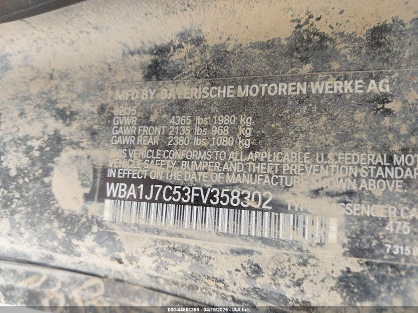 2015 BMW M235 VIN: WBA1J7C53FV358302 Lot: 44861365