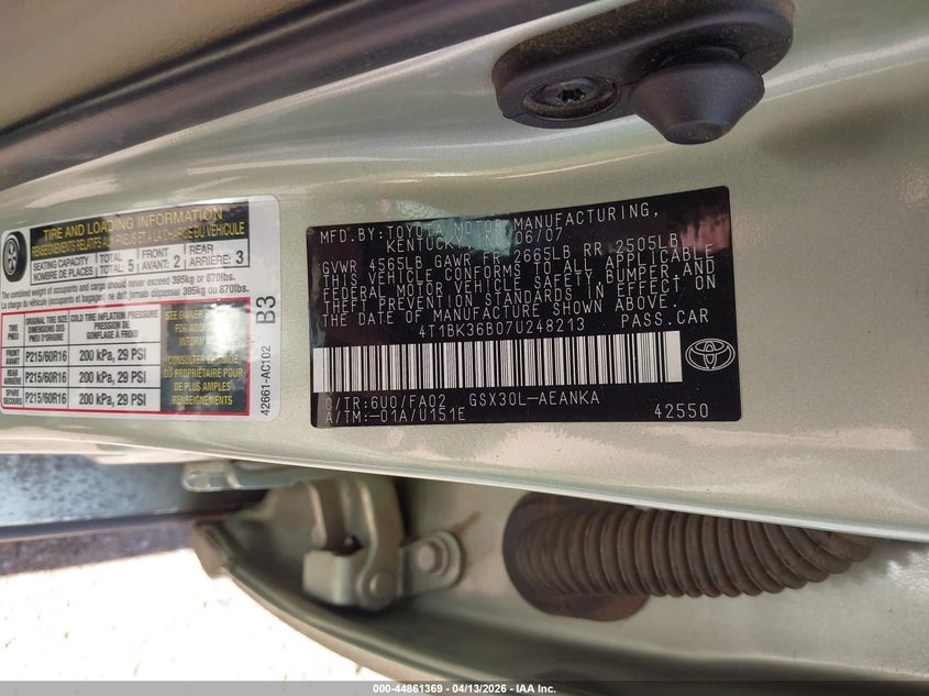 2007 Toyota Avalon Xl VIN: 4T1BK36B07U248213 Lot: 44861369