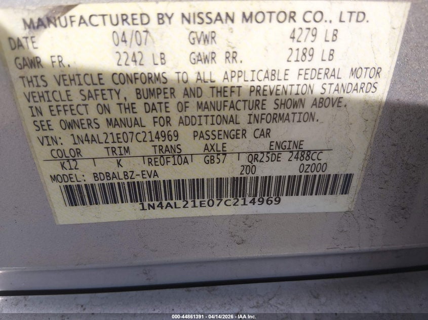 2007 Nissan Altima 2.5 S VIN: 1N4AL21E07C214969 Lot: 44861391