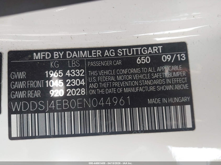 2014 Mercedes-Benz Cla 250 VIN: WDDSJ4EB0EN044961 Lot: 44861409