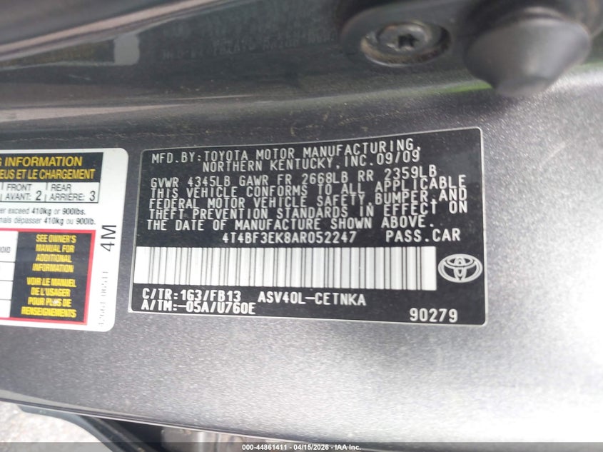 2010 Toyota Camry Le VIN: 4T4BF3EK8AR052247 Lot: 44861411