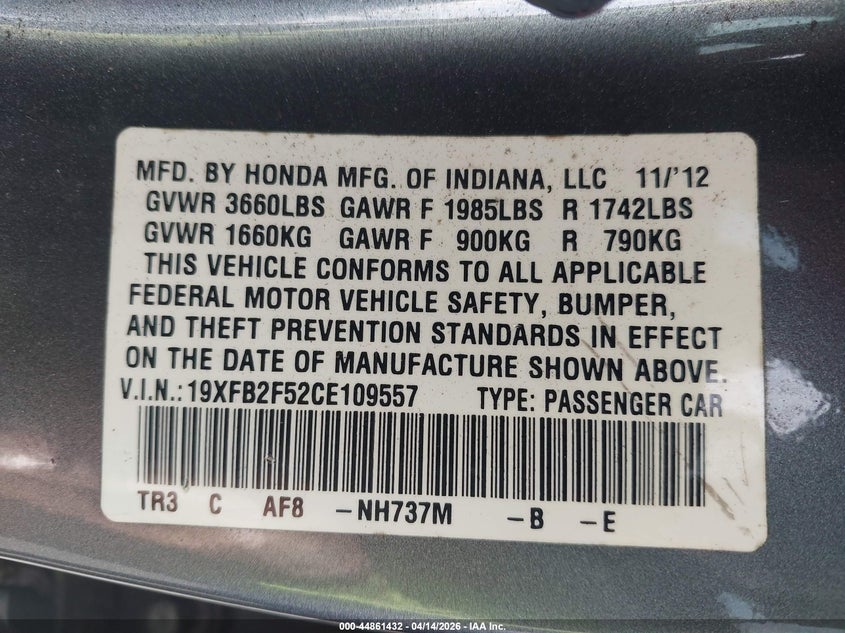 2012 Honda Civic 1.8 Lx grey Lot 111044861432 Vin 19XFB2F52CE109557