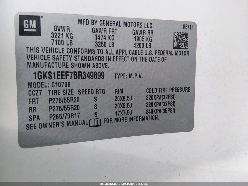 2011 GMC Yukon Denali VIN: 1GKS1EEF7BR349899 Lot: 44861446