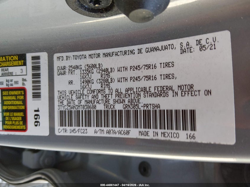 2021 Toyota Tacoma Sr5 V6 VIN: 3TYCZ5AN3MT038680 Lot: 44861447