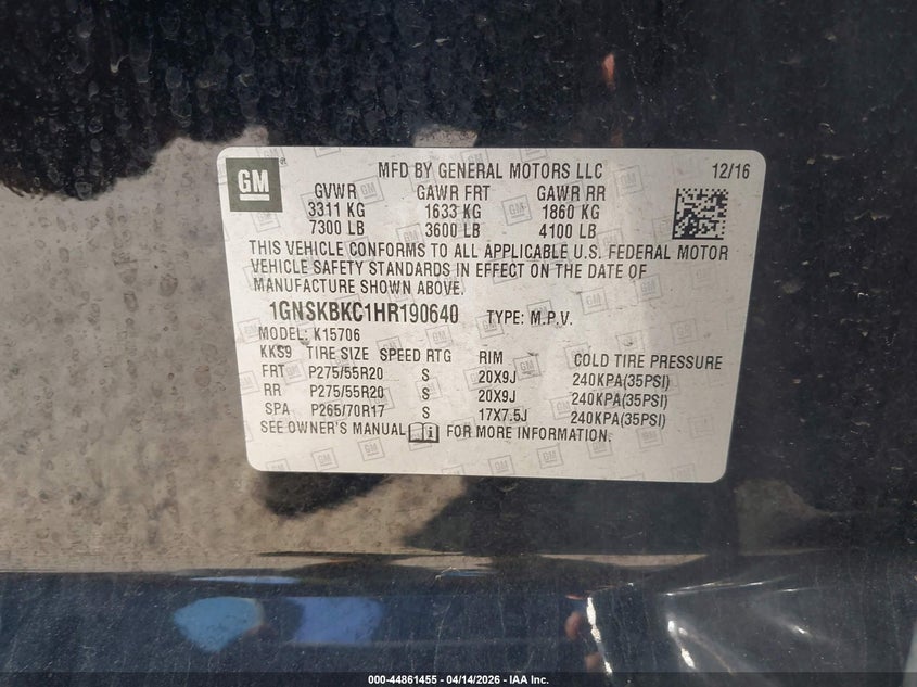 2017 Chevrolet Tahoe Lt VIN: 1GNSKBKC1HR190640 Lot: 44861455