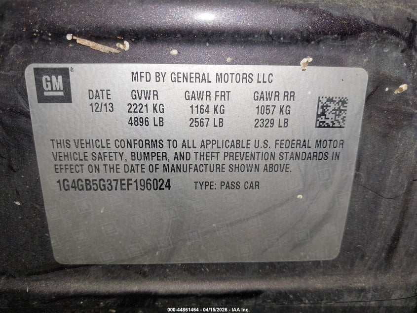 2014 Buick Lacrosse Leather Group VIN: 1G4GB5G37EF196024 Lot: 44861464