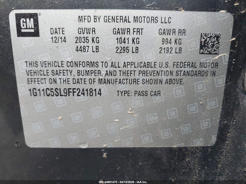 2015 Chevrolet Malibu 1Lt VIN: 1G11C5SL9FF241814 Lot: 44861470