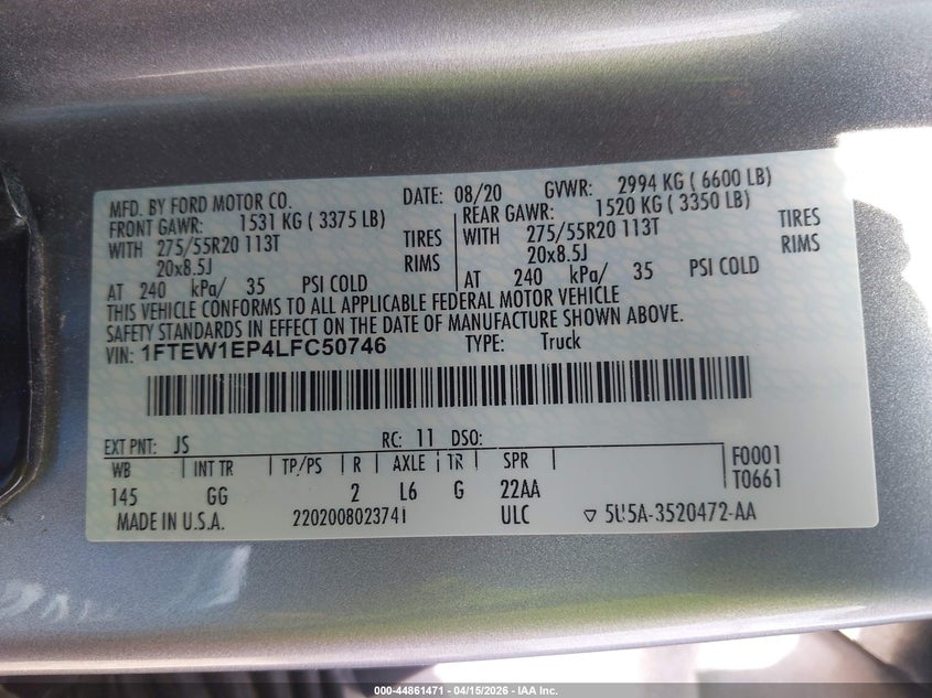 2020 Ford F-150 Xl VIN: 1FTEW1EP4LFC50746 Lot: 44861471