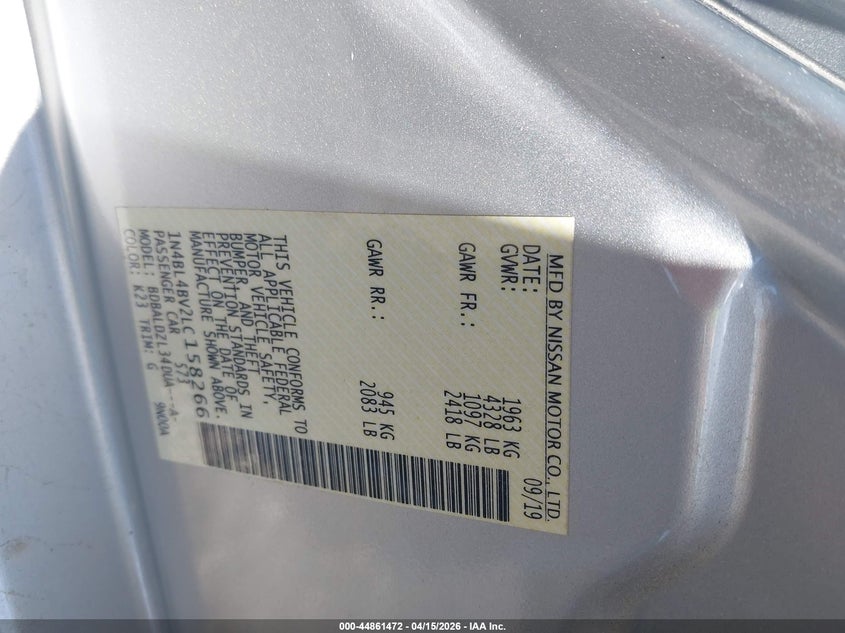 2020 Nissan Altima S Fwd VIN: 1N4BL4BV2LC158266 Lot: 44861472