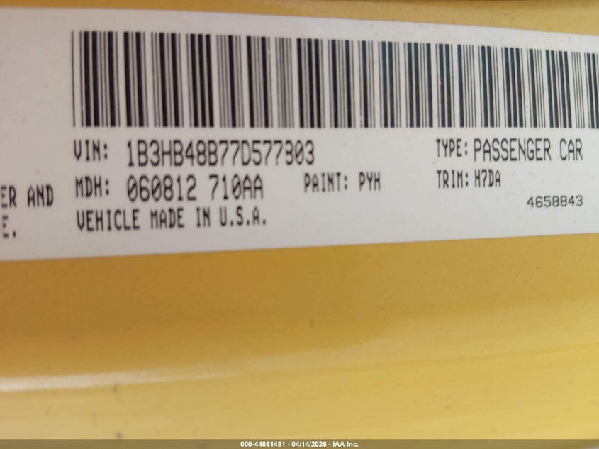 2007 Dodge Caliber Sxt VIN: 1B3HB48B77D577803 Lot: 44861481