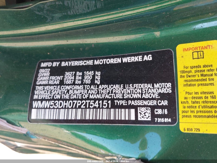 2023 Mini Hardtop Cooper S VIN: WMW53DH07P2T54151 Lot: 44861505