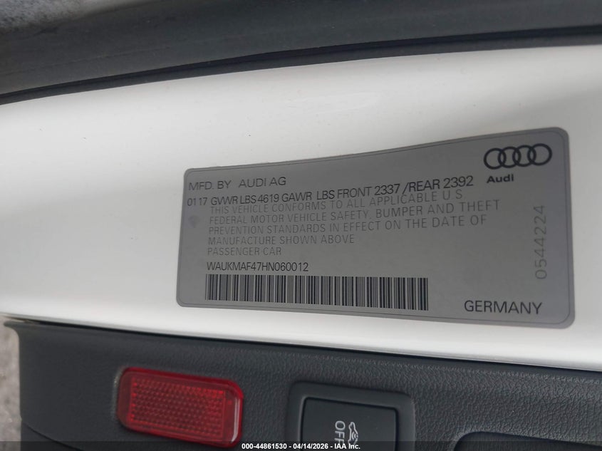2017 Audi A4 2.0T Season Of Audi Ultra Premium VIN: WAUKMAF47HN060012 Lot: 44861530