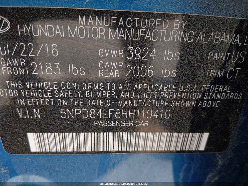 VIN 5NPD84LF8HH110410 2017 HYUNDAI ELANTRA LIMITED