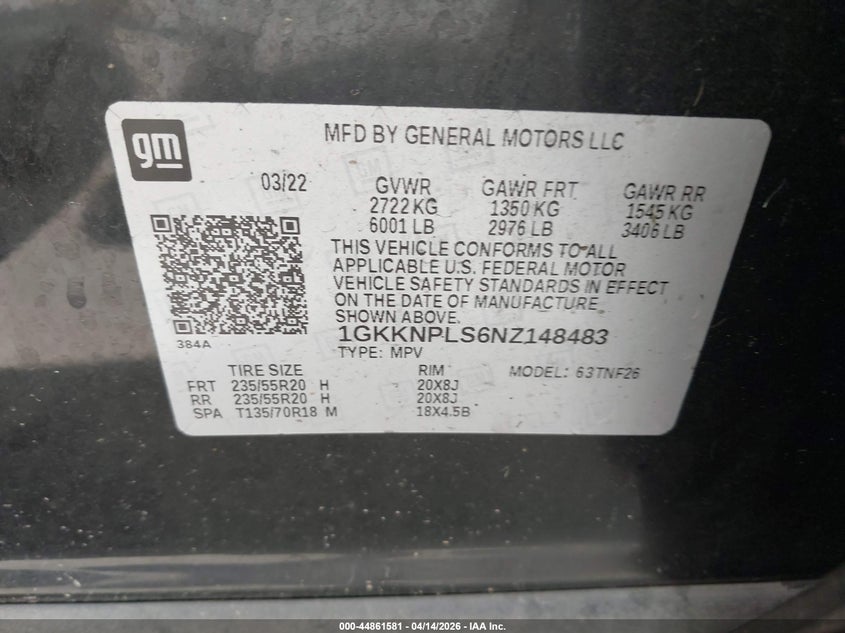 2022 GMC Acadia Fwd Denali VIN: 1GKKNPLS6NZ148483 Lot: 44861581