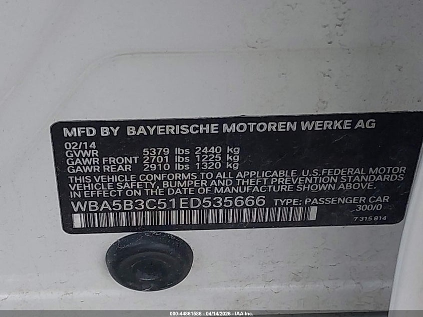 2014 BMW 535I xDrive VIN: WBA5B3C51ED535666 Lot: 44861586