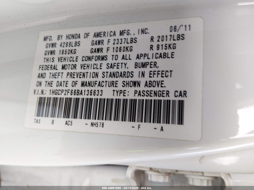 2011 Honda Accord 2.4 Se VIN: 1HGCP2F66BA136633 Lot: 44861600