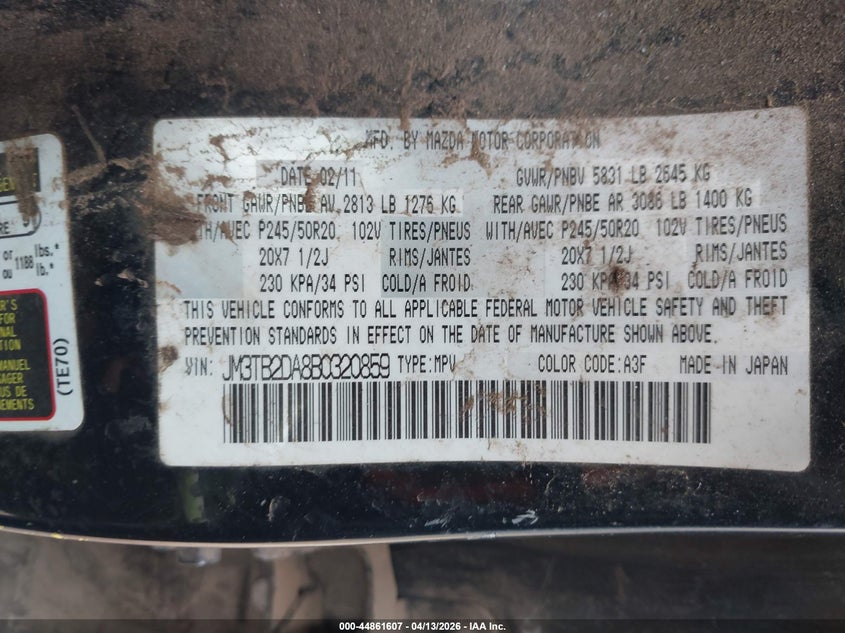 2011 Mazda Cx-9 Grand Touring VIN: JM3TB2DA8B0320859 Lot: 44861607