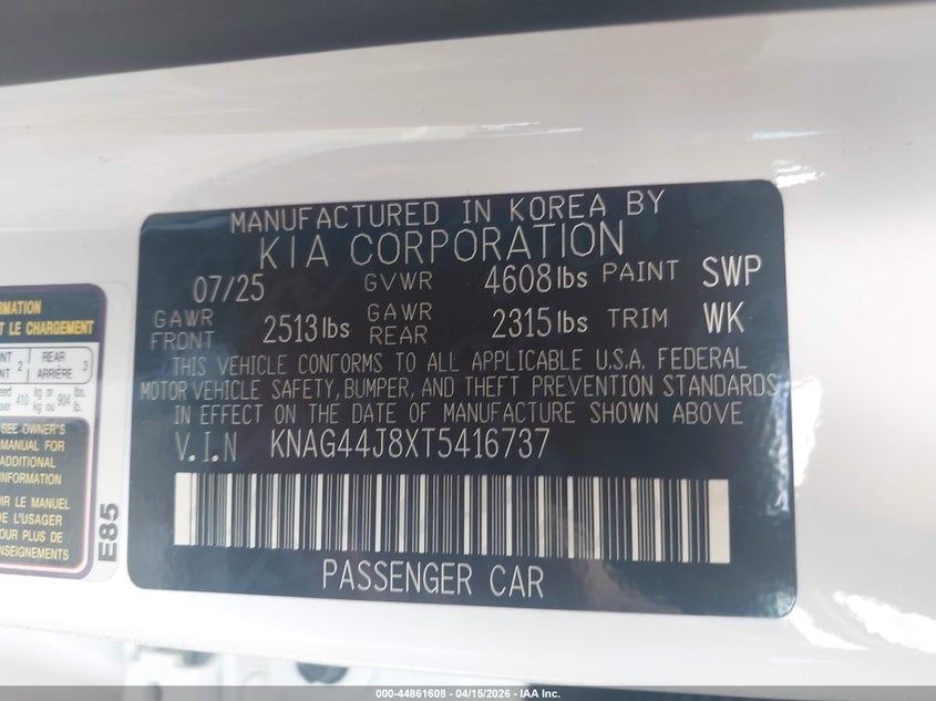 VIN KNAG44J8XT5416737 2026 KIA K5 GT
