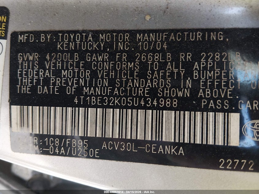 2005 Toyota Camry Std VIN: 4T1BE32K05U434988 Lot: 44861614