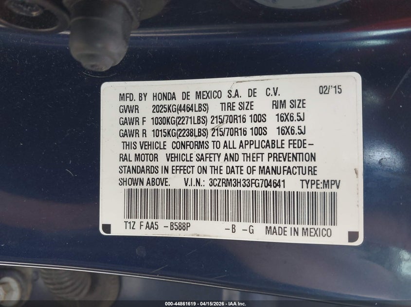2015 Honda Cr-V Lx VIN: 3CZRM3H33FG704641 Lot: 44861619