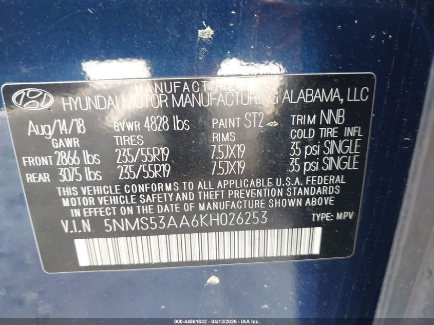 VIN 5NMS53AA6KH026253 2019 HYUNDAI SANTA FE LIMITED 2.0T