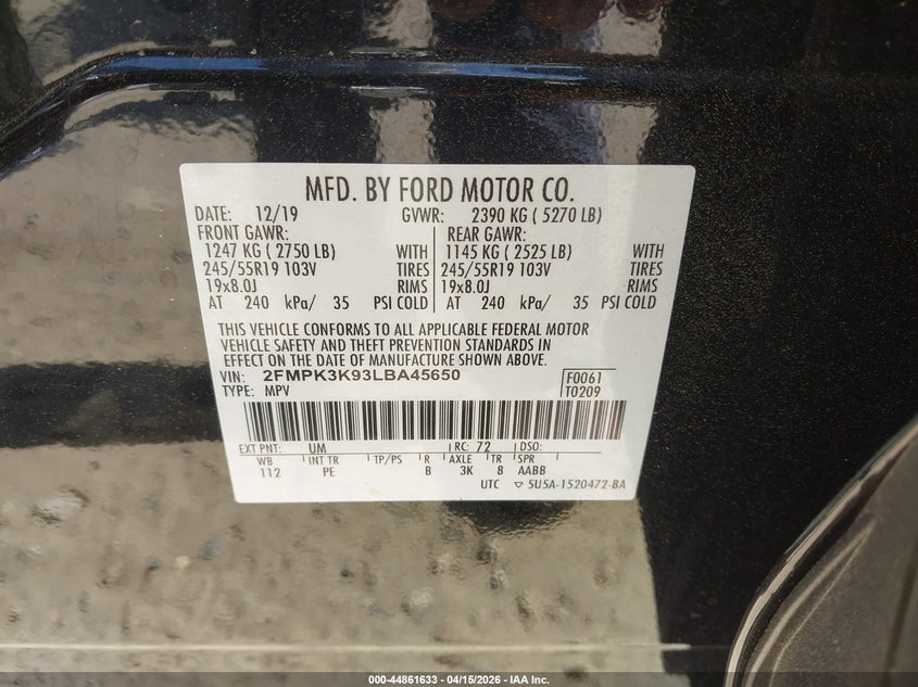 2020 Ford Edge Titanium VIN: 2FMPK3K93LBA45650 Lot: 44861633