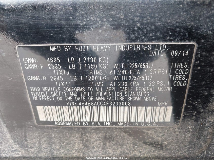 2015 Subaru Outback 2.5I Premium VIN: 4S4BSACC4F3233008 Lot: 44861652