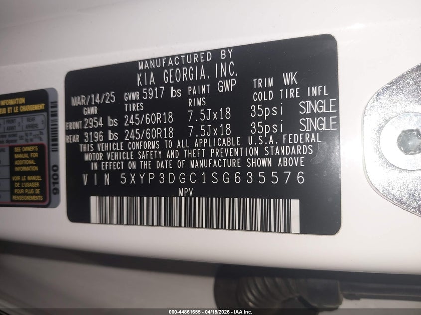 2025 Kia Telluride Ex X-Pro VIN: 5XYP3DGC1SG635576 Lot: 44861655