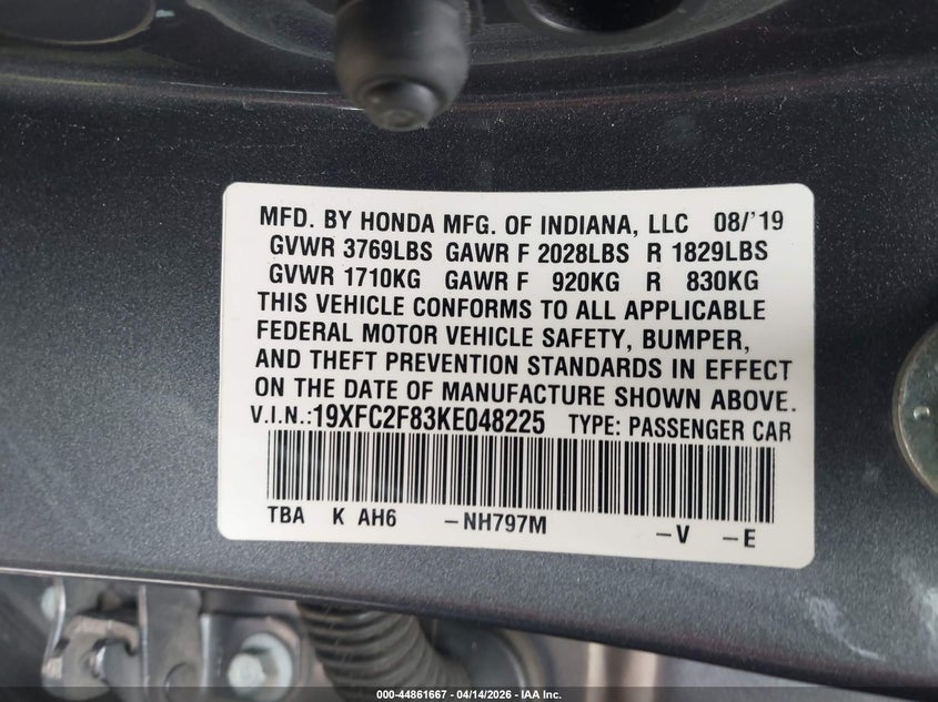 2019 Honda Civic 2.0 Sport grey Lot 111044861667 Vin 19XFC2F83KE048225