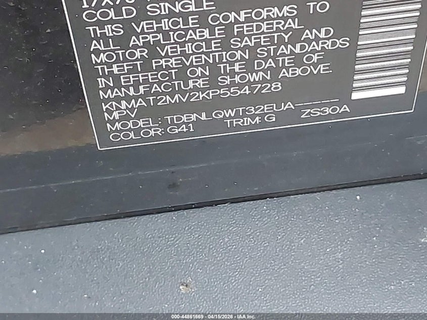 2019 Nissan Rogue Sv VIN: KNMAT2MV2KP554728 Lot: 44861669