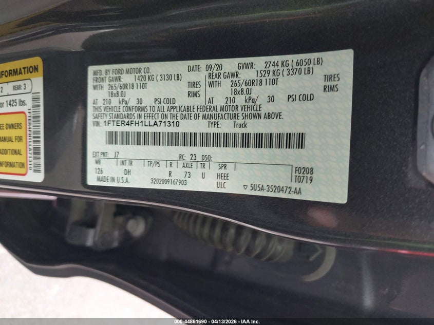 2020 Ford Ranger Lariat VIN: 1FTER4FH1LLA71310 Lot: 44861690