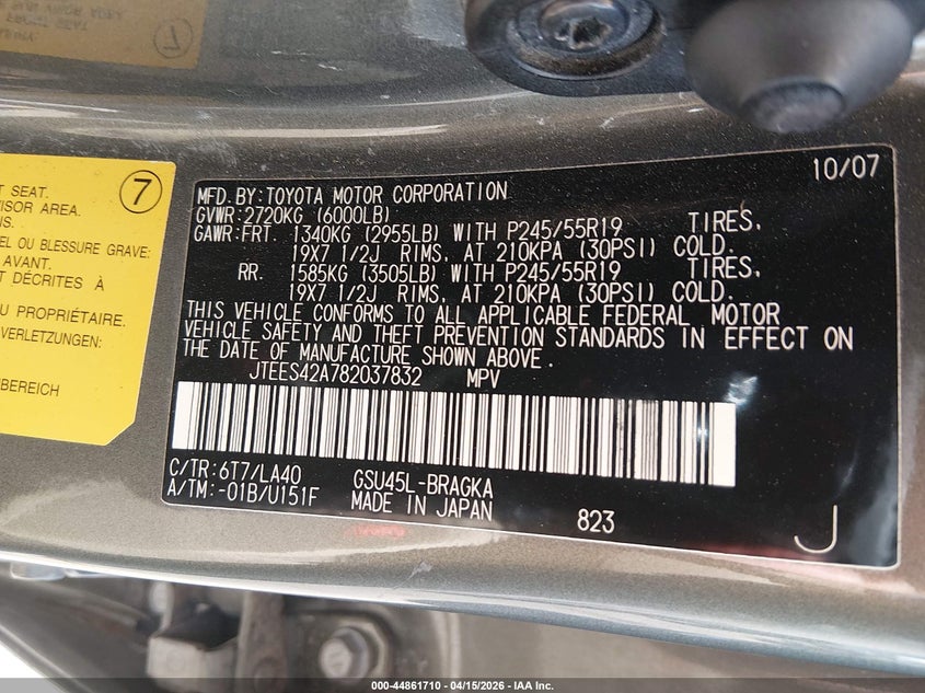 2008 Toyota Highlander Limited VIN: JTEES42A782037832 Lot: 44861710