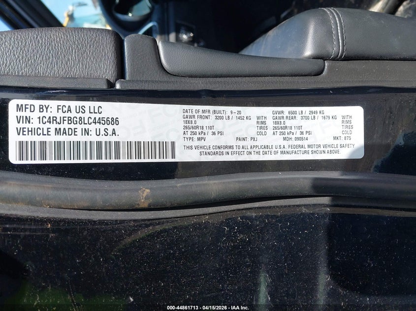 2020 Jeep Grand Cherokee Limited 4X4 VIN: 1C4RJFBG8LC445686 Lot: 44861713