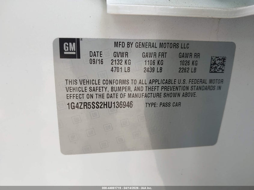 2017 Buick Lacrosse Premium VIN: 1G4ZR5SS2HU136946 Lot: 44861719