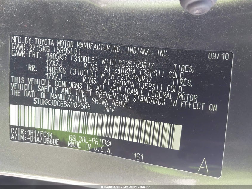 2011 Toyota Sienna Le V6 VIN: 5TDKK3DC6BS082566 Lot: 44861720