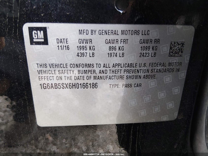 2017 Cadillac Ats Luxury Rwd VIN: 1G6AB5SX6H0166186 Lot: 44861724