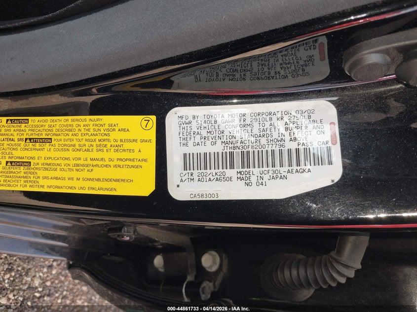 2002 Lexus Ls 430 VIN: JTHBN30F820077796 Lot: 44861733