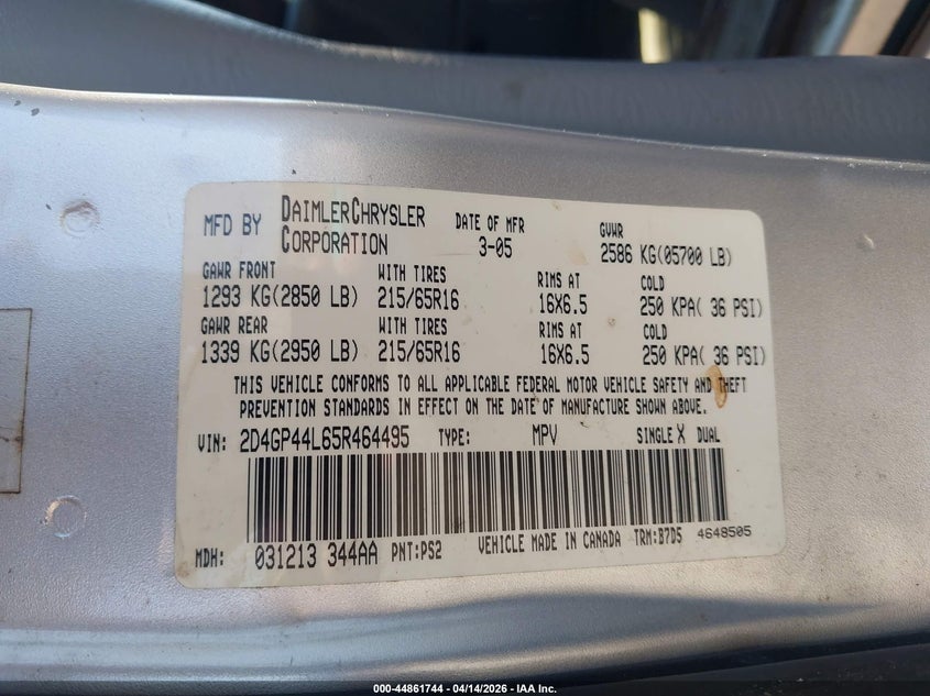 2005 Dodge Grand Caravan Sxt VIN: 2D4GP44L65R464495 Lot: 44861744